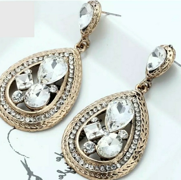 Gold & Rhinestone Drop Earrings - Picture 2 of 4